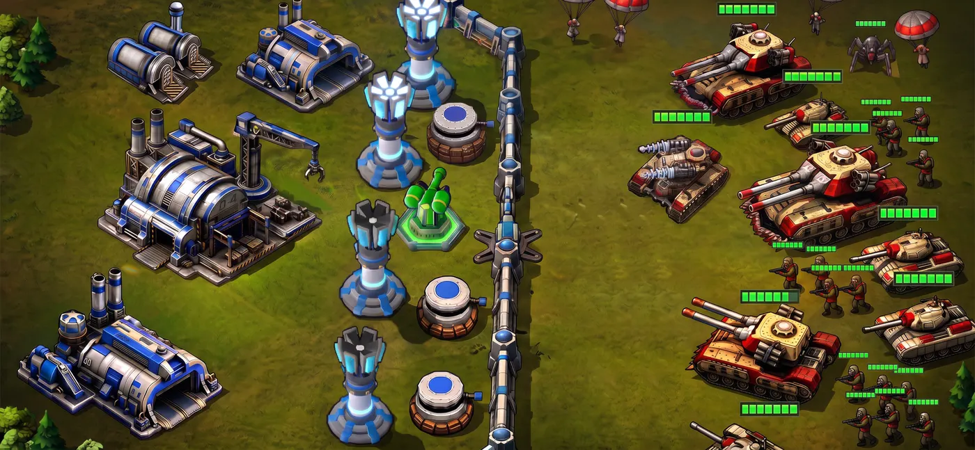 A blue allied base with a factory and Tesla coils behind a wall, facing a column of red tanks, infantry and paratroopers.