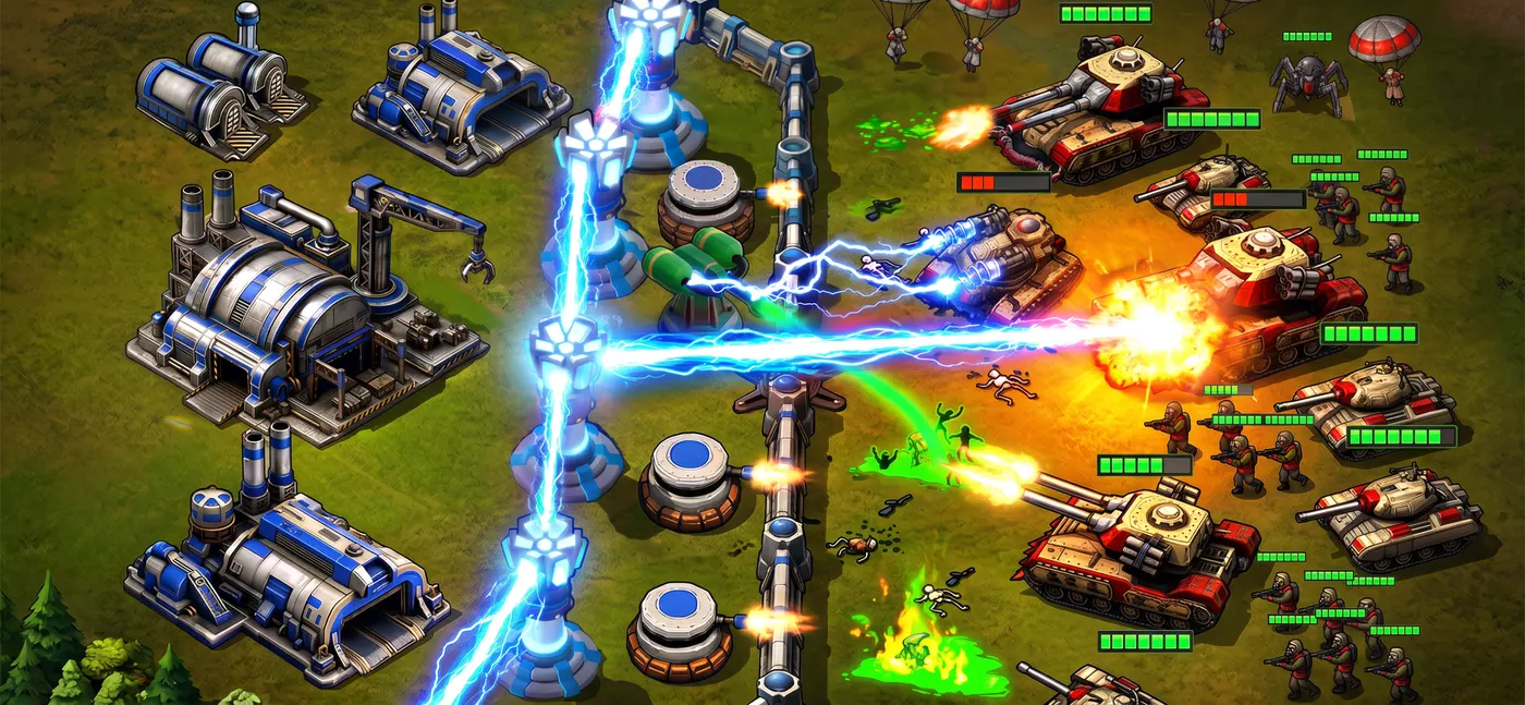 Red Command battle: Tesla coils on the allied wall fire chained lightning into an advancing column of red tanks and infantry.